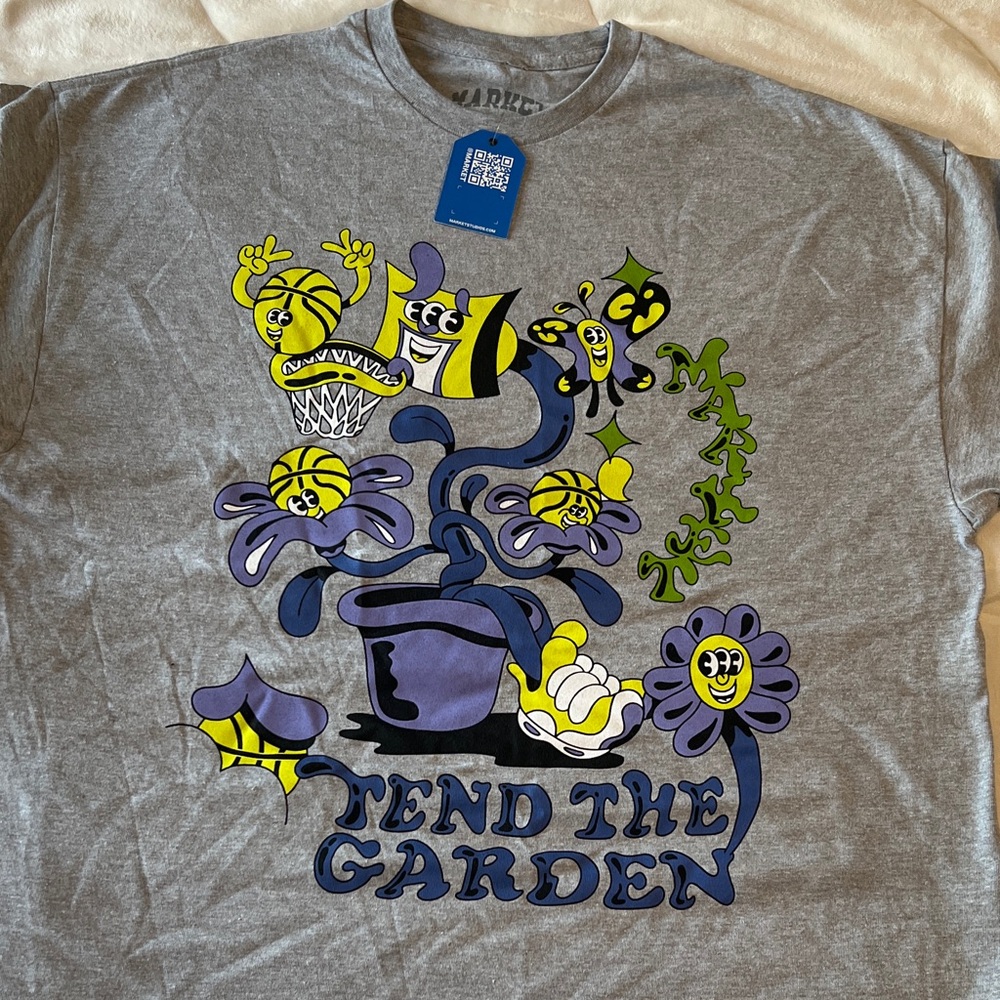MArket Gray Tee with Colorful Garden Graphic